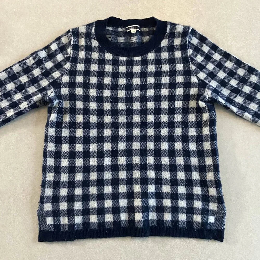 J. Crew Navy Cashmere Gingham Sweater ASO Wednesday Addams